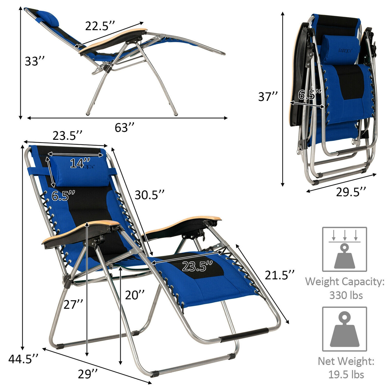 Oversize Folding Adjustable Padded Zero Gravity Lounge Chair Blue