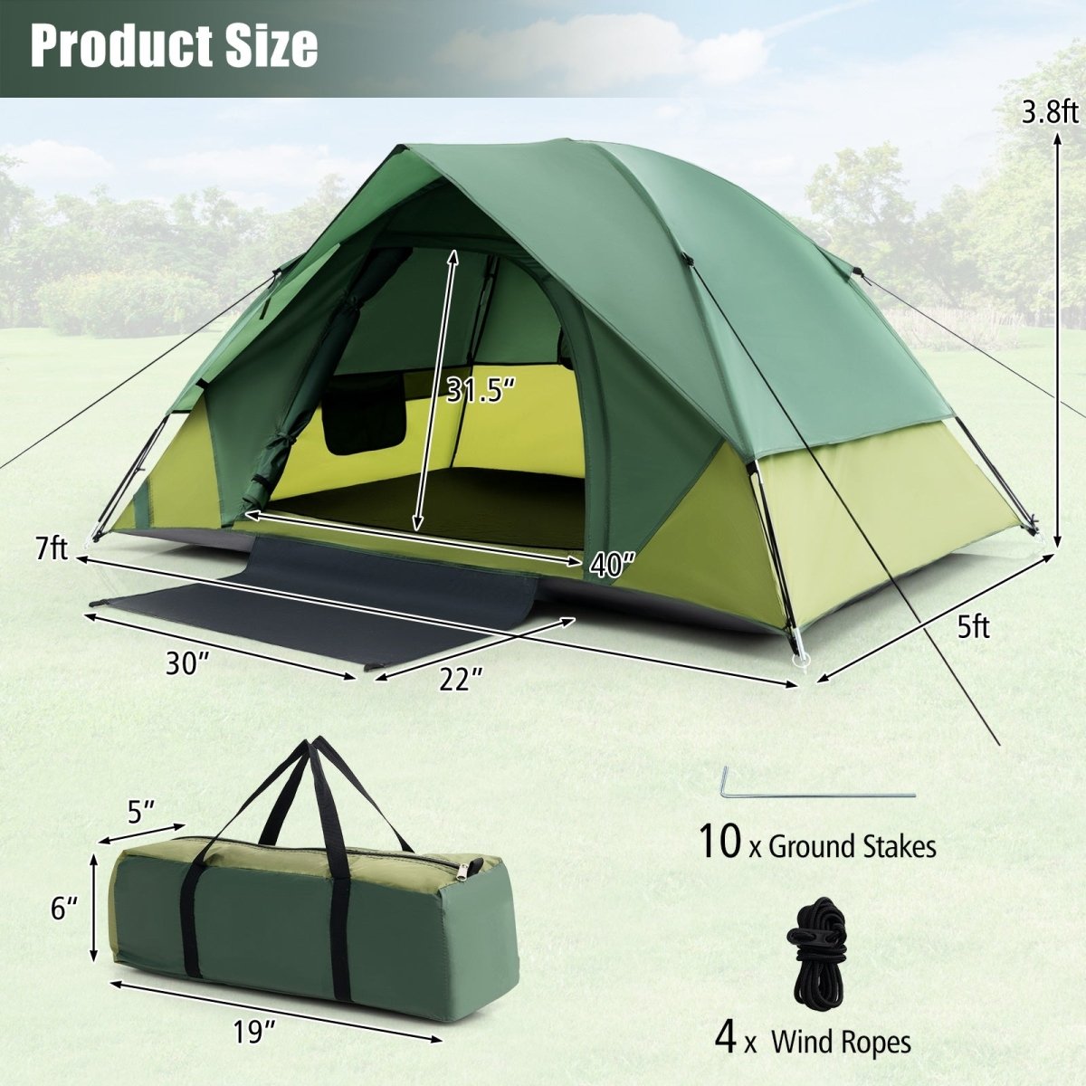 2 person Camping Tent with Removable Rain Fly and Double Layer Door Green - Costway - Camping Tents - GTIN - 3