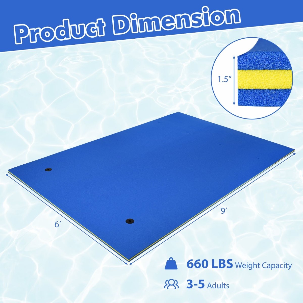 3 Layer Floating Water Pad Foam Mat 9'x6' Blue or Yellow - Costway - Water Pads - GTIN0753215529469 - 3