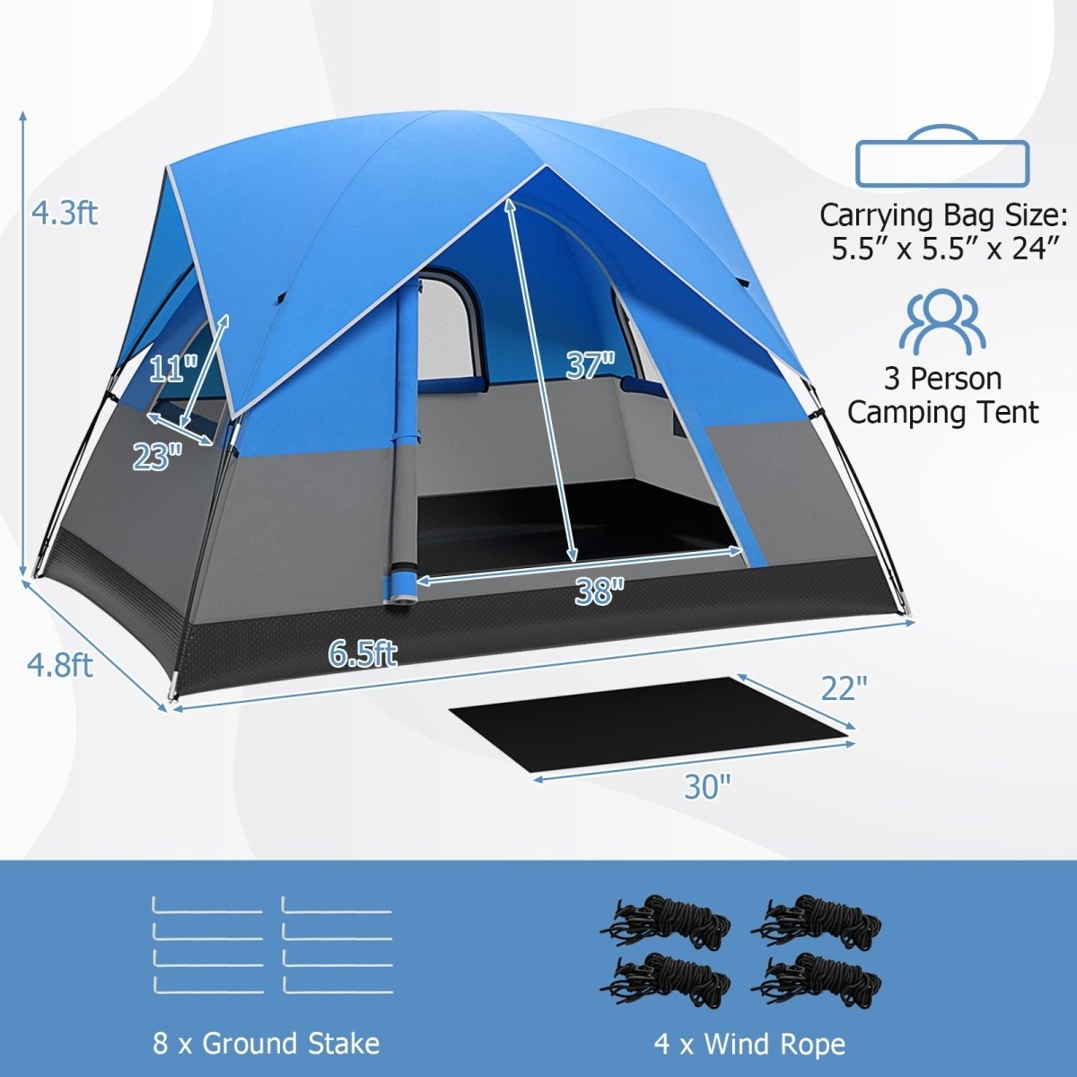 3 Person Camping Tent with Removable Floor Mat Blue - Costway - Camping Tents - GTIN - 3