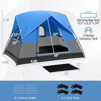 Thumbnail for 3 Person Camping Tent with Removable Floor Mat Blue - Costway - Camping Tents - GTIN - 3