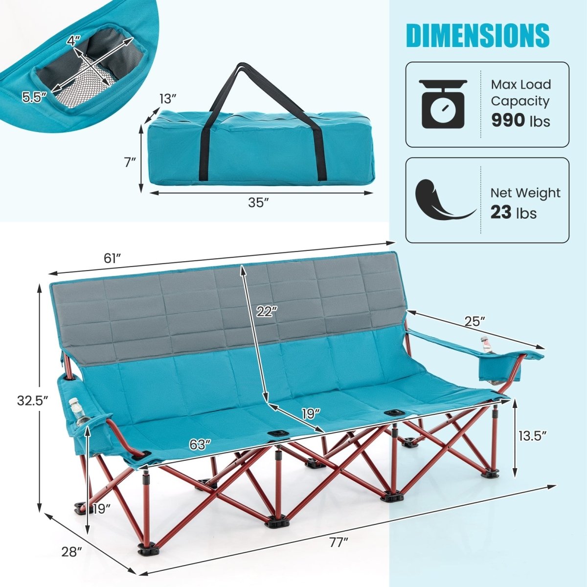 3 Person Folding Camping Chair with 2 Cup Holders Cotton Padding & Storage Bag - Costway - Chairs & Lounges - GTIN197867566623 - 3