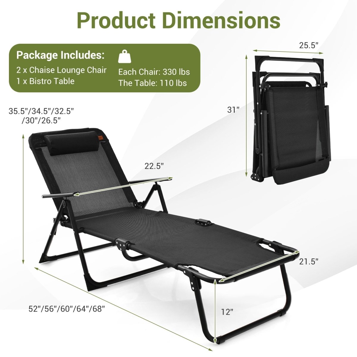 3 Piece Folding Chaise Lounge Set with PVC Tabletop - Costway - Chairs & Lounges - GTIN6473512592914 - 2