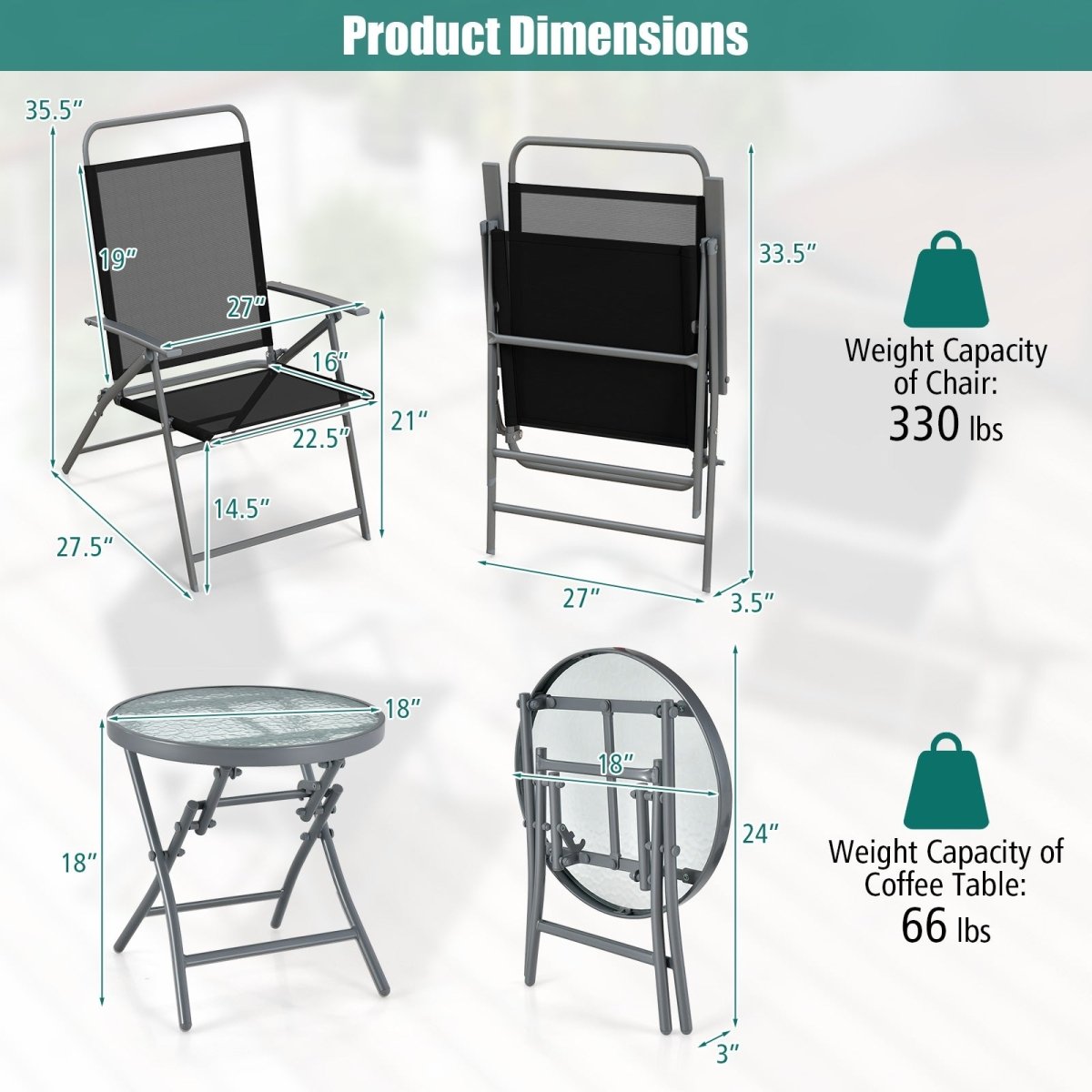 3 Piece Outdoor Folding Metal Chair Set with Table - Costway - Chairs & Lounges - GTIN6473514254988 - 3