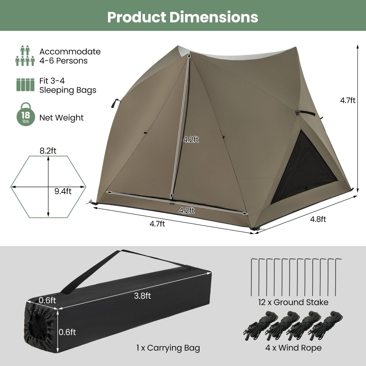 6 - Sided Pop - up Family Tent with Rainfly Skylight 3 Doors & Windows 4 - 6 People - Costway - Camping Tents - GTIN197867758509 - 2