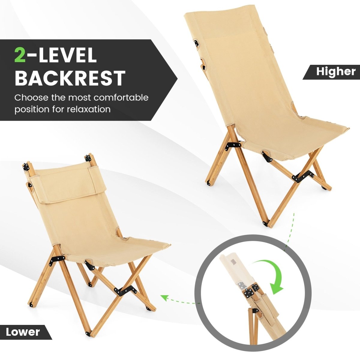 Bamboo Folding Camping Chair with 2 - Level Adjustable Backrest - Costway - Chairs & Lounges - GTIN6473511934340 - 4