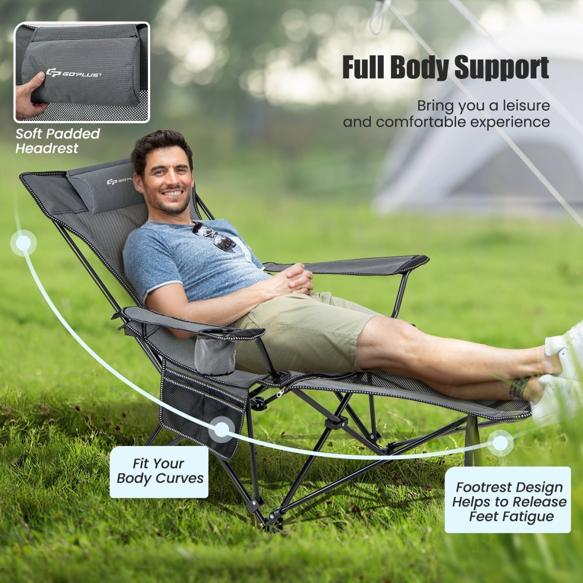 Camping Chair with Detachable Footrest Adjustable Backrest Gray - GoPlus - Chairs & Lounges - GTIN197867377755 - 5