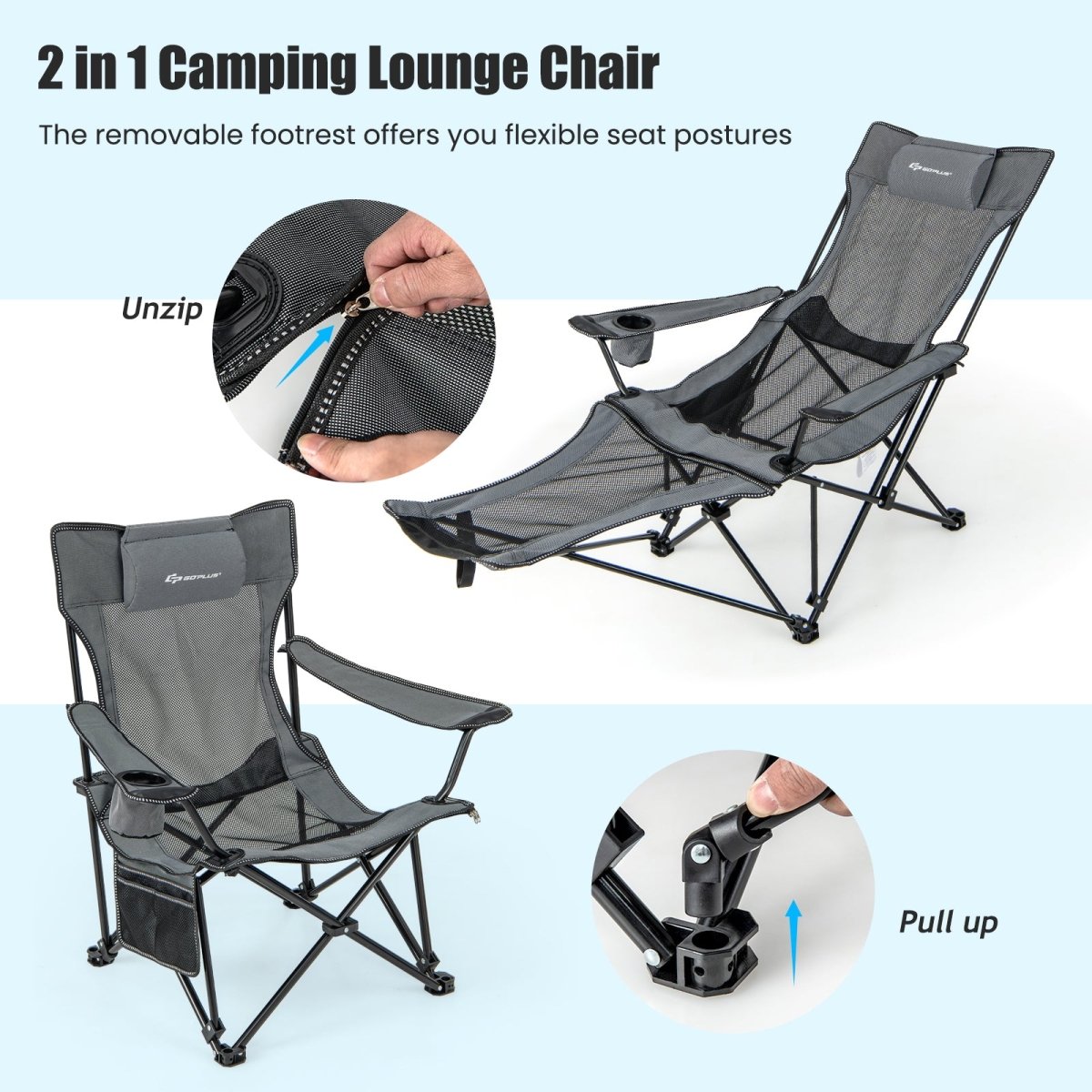 Camping Chair with Detachable Footrest Adjustable Backrest Gray - GoPlus - Chairs & Lounges - GTIN197867377755 - 4