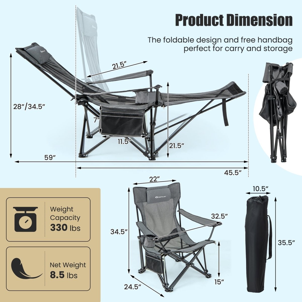 Camping Chair with Detachable Footrest Adjustable Backrest Gray - GoPlus - Chairs & Lounges - GTIN197867377755 - 3