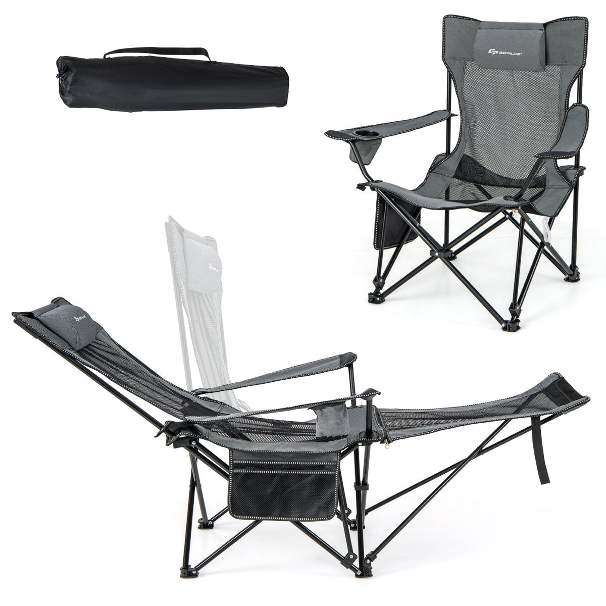 Camping Chair with Detachable Footrest Adjustable Backrest Gray - GoPlus - Chairs & Lounges - GTIN197867377755 - 2