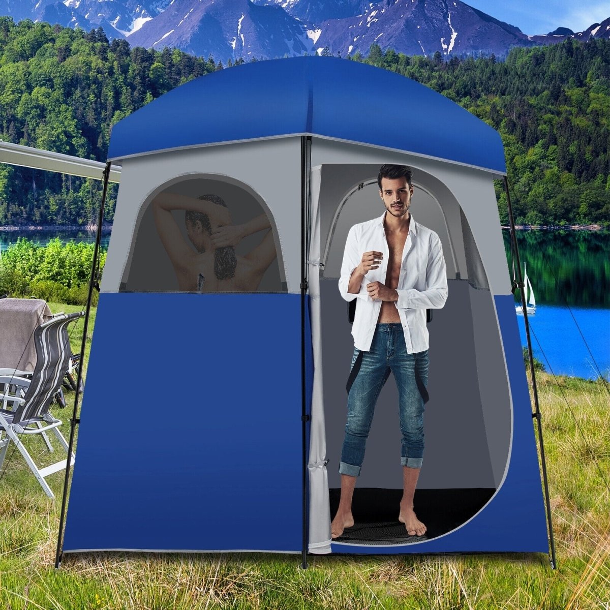 Double - Room Camping Toilet Shower Wash Tent with Floor and Portable Storage Bag Blue - Costway - Camping Tents - GTIN0794094568071 - 2