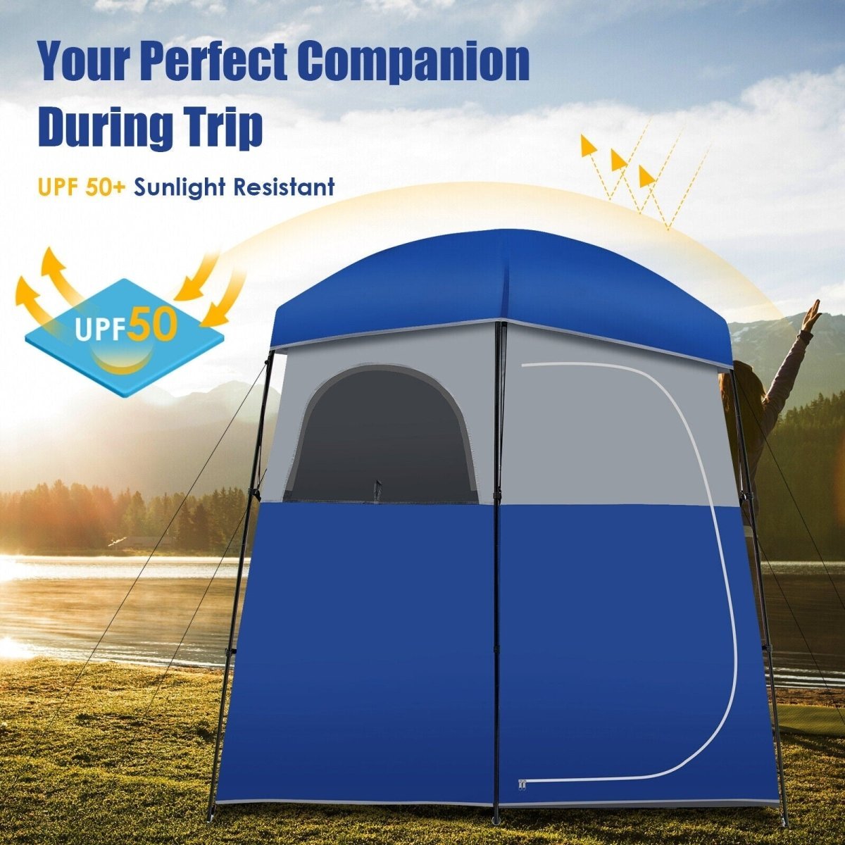 Double - Room Camping Toilet Shower Wash Tent with Floor and Portable Storage Bag Blue - Costway - Camping Tents - GTIN0794094568071 - 7