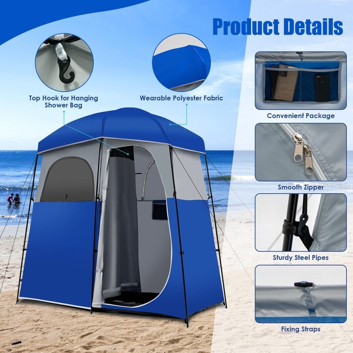 Double - Room Camping Toilet Shower Wash Tent with Floor and Portable Storage Bag Blue - Costway - Camping Tents - GTIN0794094568071 - 8