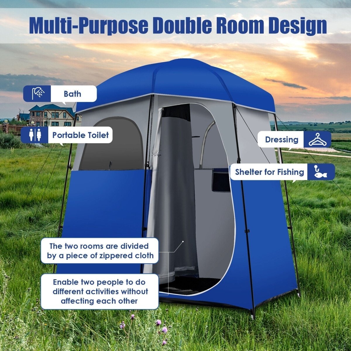 Double - Room Camping Toilet Shower Wash Tent with Floor and Portable Storage Bag Blue - Costway - Camping Tents - GTIN0794094568071 - 9