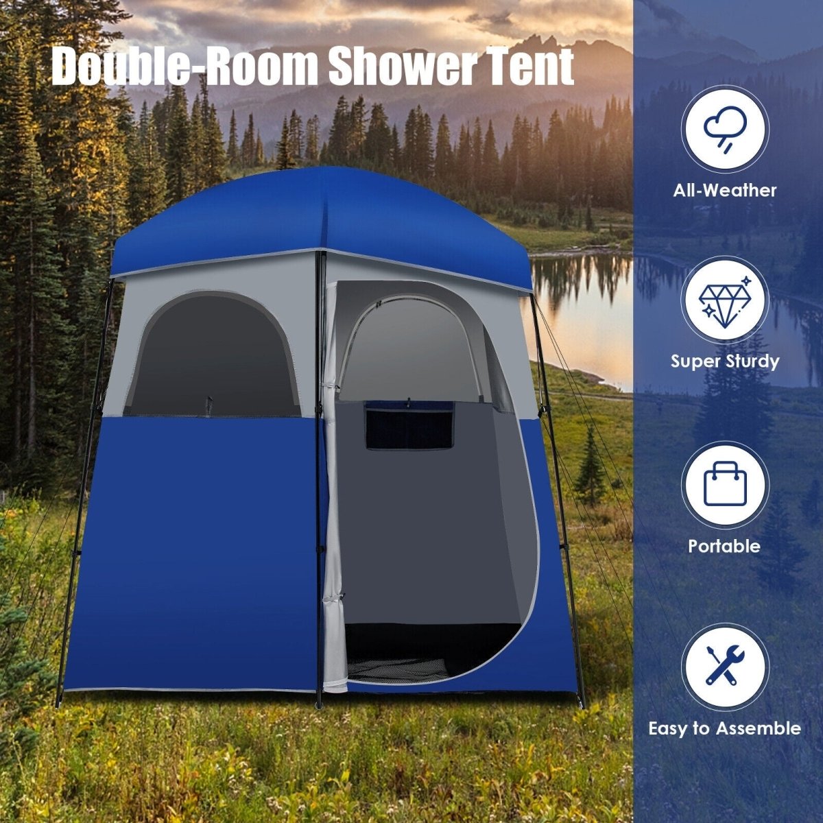 Double - Room Camping Toilet Shower Wash Tent with Floor and Portable Storage Bag Blue - Costway - Camping Tents - GTIN0794094568071 - 3