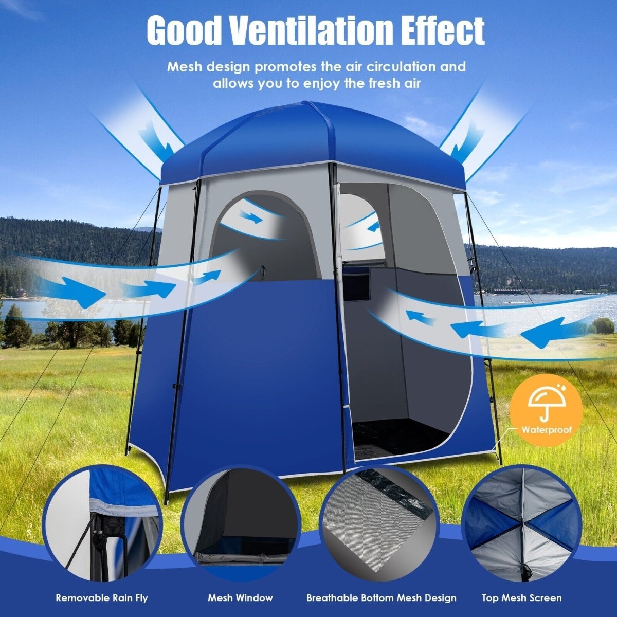 Double - Room Camping Toilet Shower Wash Tent with Floor and Portable Storage Bag Blue - Costway - Camping Tents - GTIN0794094568071 - 5