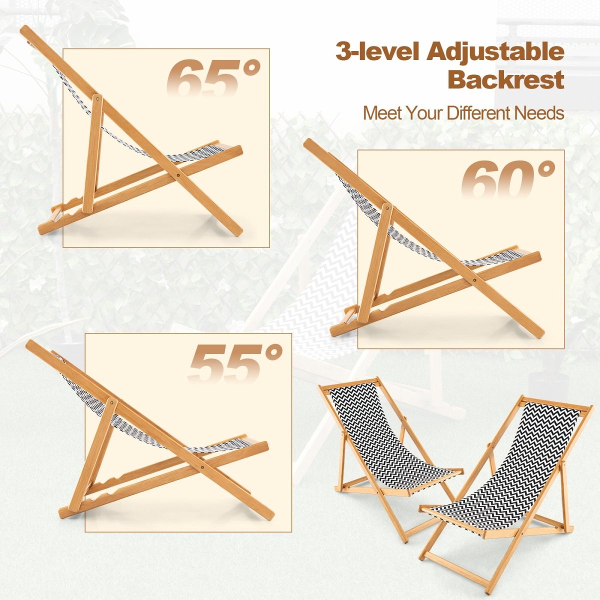 Folding Bamboo Sling Chair with Adjustable Backrest and Canvas - Costway - Chairs & Lounges - GTIN6473513488728 - 2