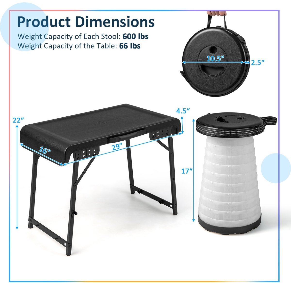 Folding Camping Table with 2 Collapsible LED Stools - Costway - Tables - GTIN0783501340515 - 5