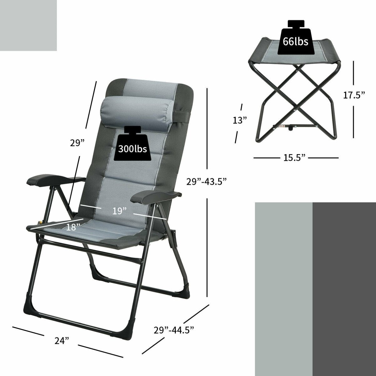 Folding Chair with Ottoman Set of 2 Recliner Adjustable Gray - Costway - Chairs & Lounges - GTIN07335699131692 - 5