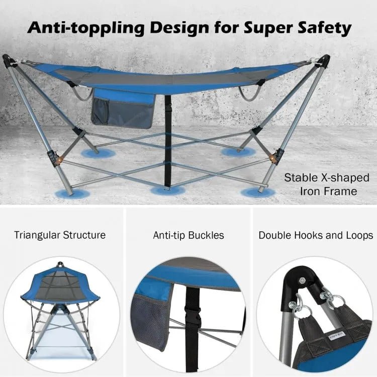 Folding Hammock with Side Pocket and Iron Stand Outdoor Blue - Costway - Hammocks & Hanging Chairs - GTIN06742762153610 - 5