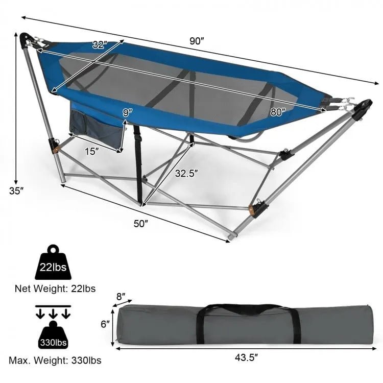 Folding Hammock with Side Pocket and Iron Stand Outdoor Blue - Costway - Hammocks & Hanging Chairs - GTIN06742762153610 - 4