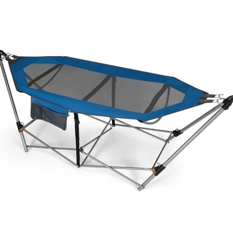 Folding Hammock with Side Pocket and Iron Stand Outdoor Blue - Costway - Hammocks & Hanging Chairs - GTIN06742762153610 - 2