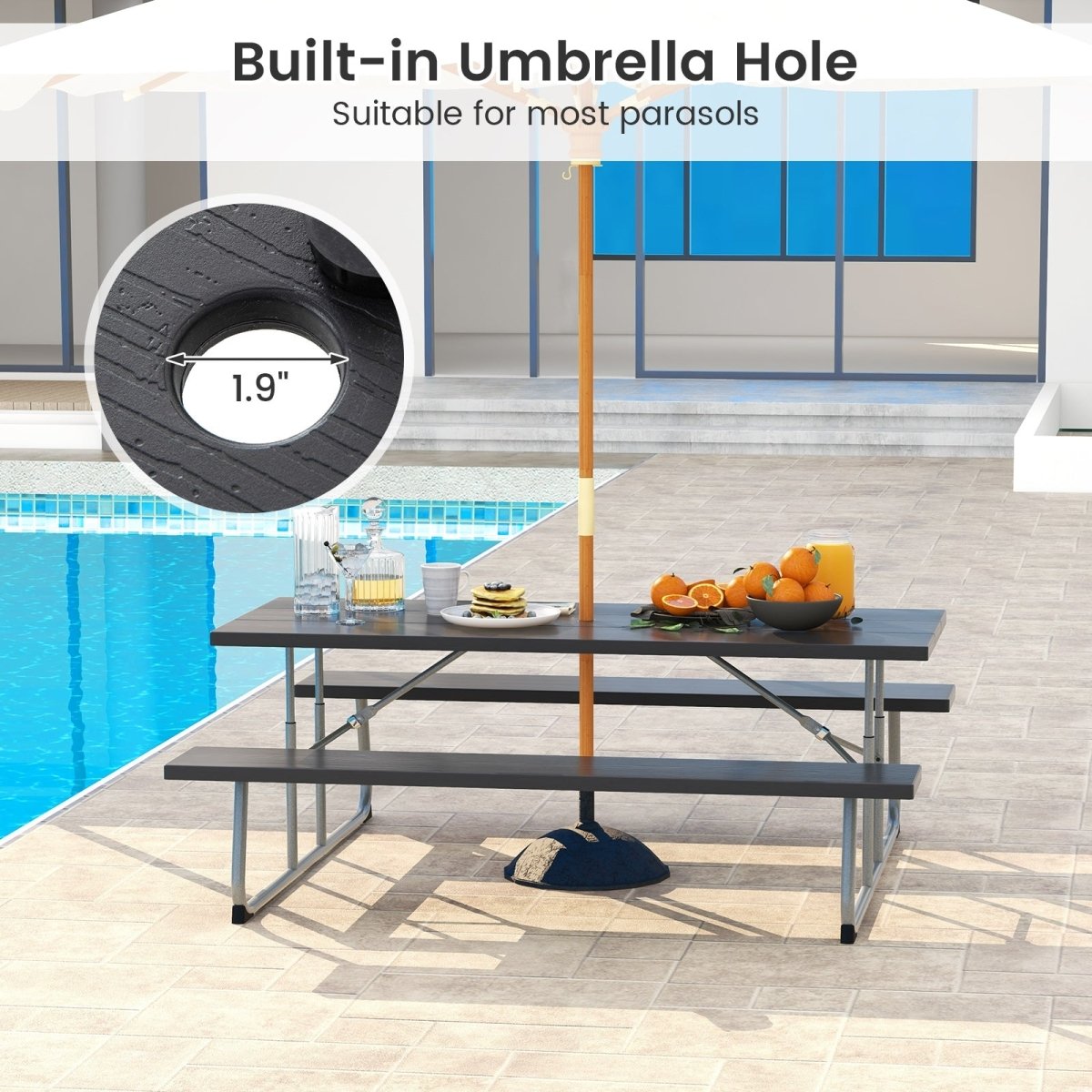 Folding Picnic Table with All - Weather HDPE Tabletop and Umbrella Hole - Costway - Tables - GTIN197867570903 - 5