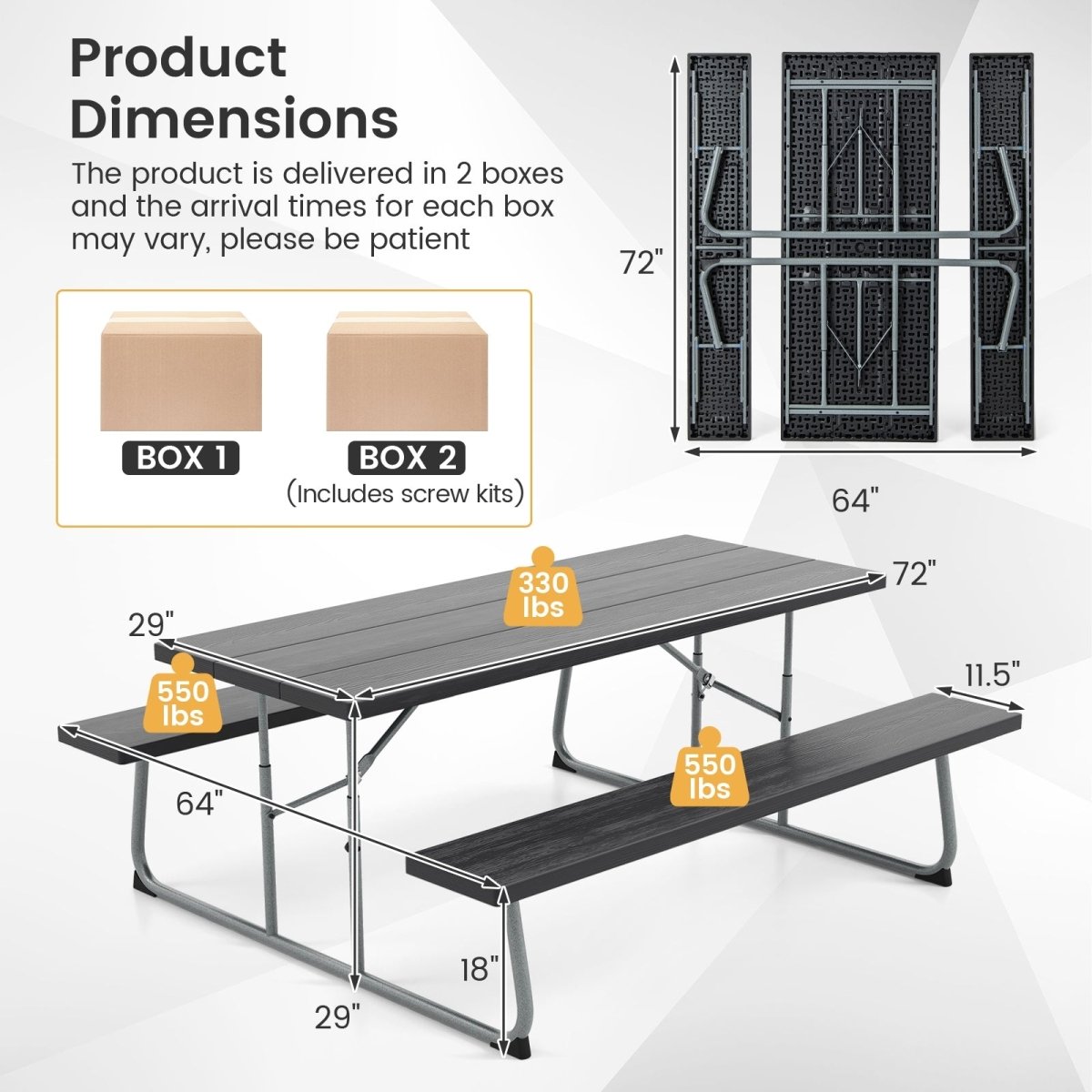 Folding Picnic Table with All - Weather HDPE Tabletop and Umbrella Hole - Costway - Tables - GTIN197867570903 - 3