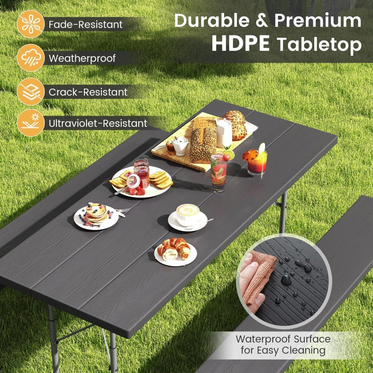 Folding Picnic Table with All - Weather HDPE Tabletop and Umbrella Hole - Costway - Tables - GTIN197867570903 - 4