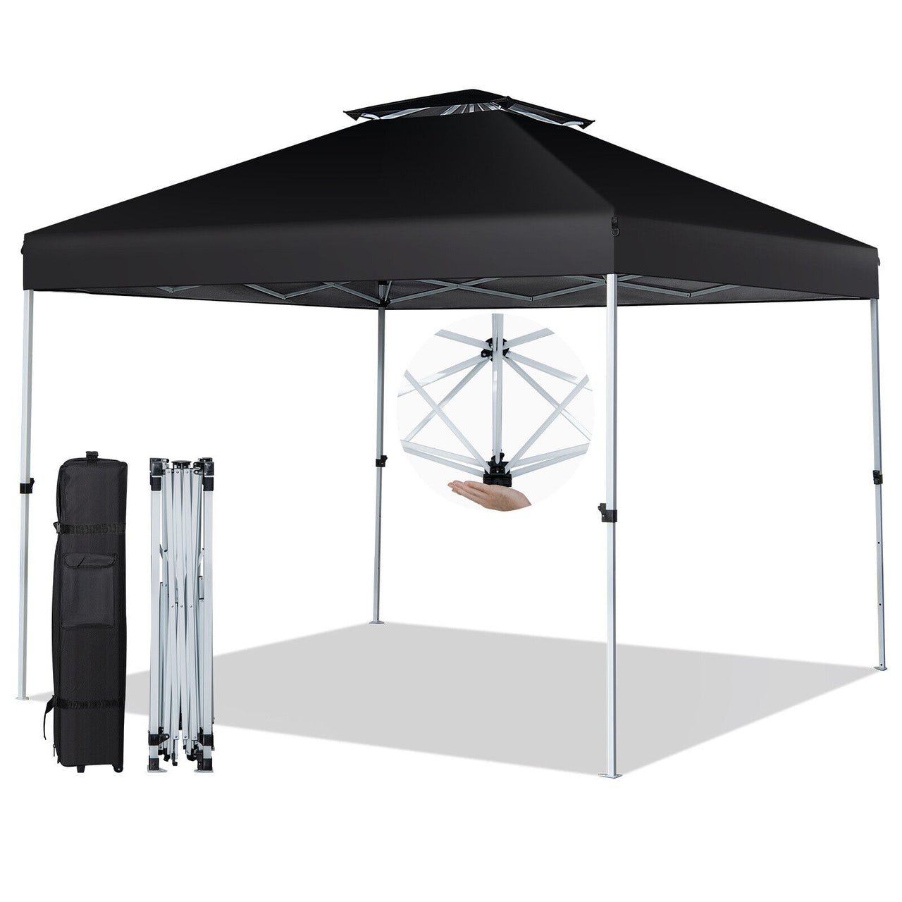 Pop-up Canopy Tent with Wheeled Carry Bag 3-Tier Adjustable Height 10x10 Feet Black