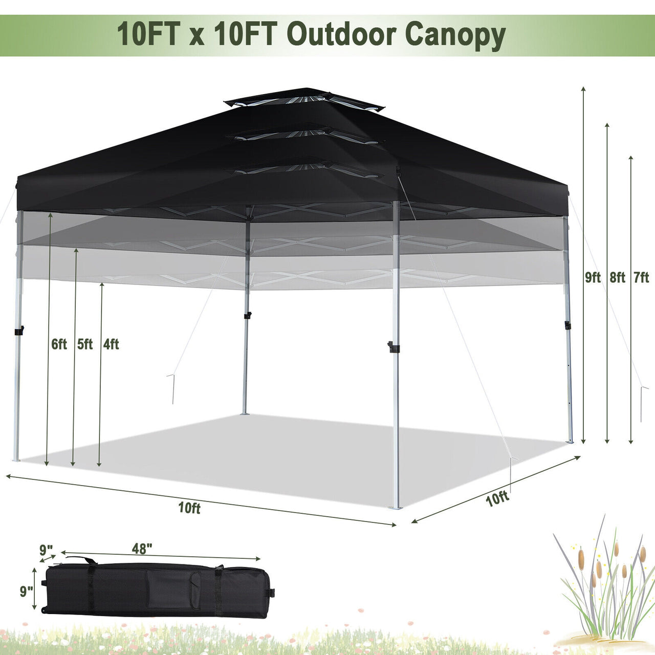 Pop-up Canopy Tent with Wheeled Carry Bag 3-Tier Adjustable Height 10x10 Feet Black