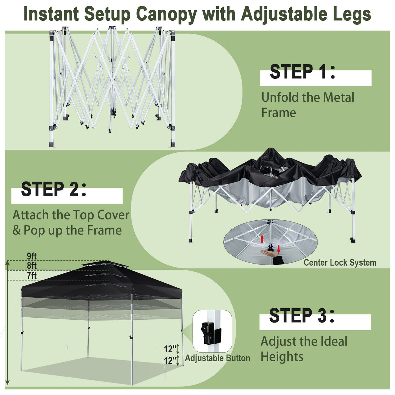 Pop-up Canopy Tent with Wheeled Carry Bag 3-Tier Adjustable Height 10x10 Feet Black