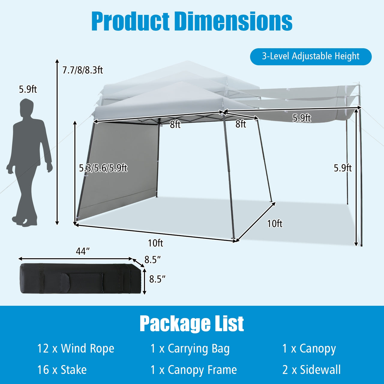 Portable Pop-up Canopy with Sidewalls & Awnings 10x10 Feet Gray