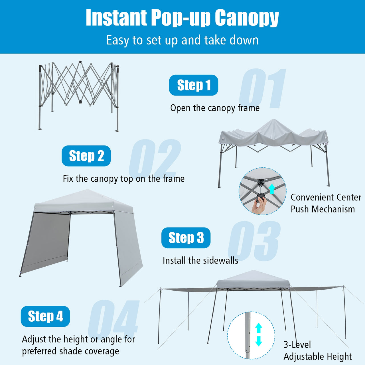 Portable Pop-up Canopy with Sidewalls & Awnings 10x10 Feet Gray