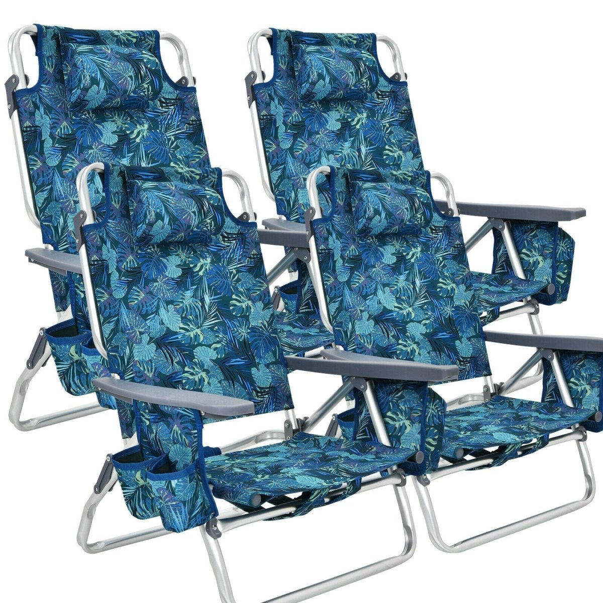 Outdoor Folding Backpack Beach Reclining Chair with Pillow 5 - Position Set of 4 Navy & Yellow - Costway - Chairs & Lounges - GTIN0376195417211 - 1