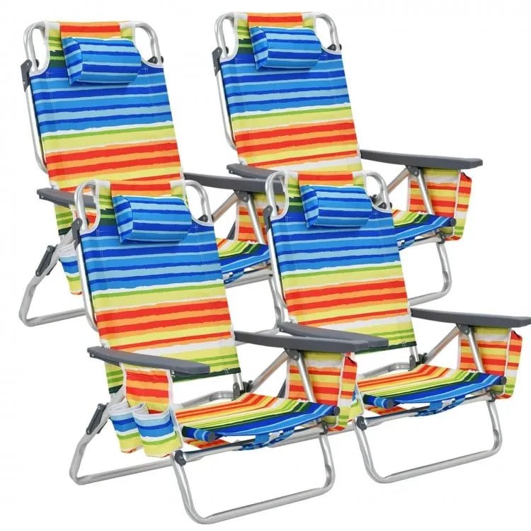 Outdoor Folding Backpack Beach Reclining Chair with Pillow 5 - Position Set of 4 Navy & Yellow - Costway - Chairs & Lounges - GTIN331475211 - 4