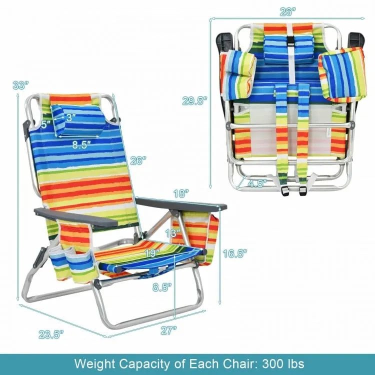 Outdoor Folding Backpack Beach Reclining Chair with Pillow 5 - Position Set of 4 Navy & Yellow - Costway - Chairs & Lounges - GTIN331475211 - 5