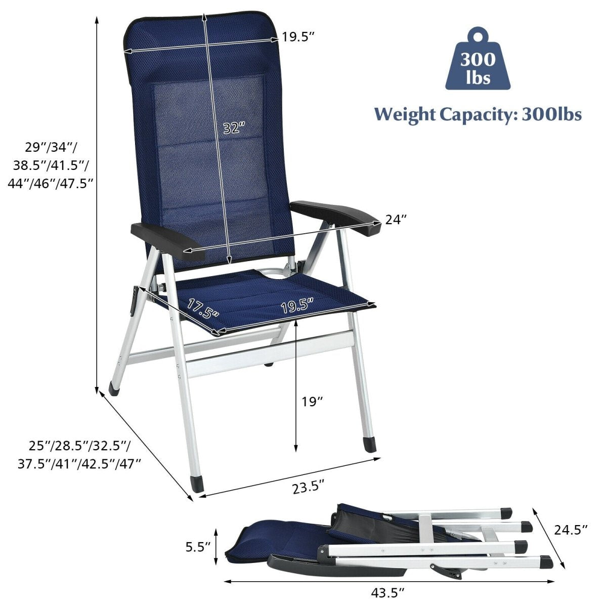 Portable Folding Chairs with Adjustable Headrest Blue 2Piece - Costway - Chairs & Lounges - GTIN - 4